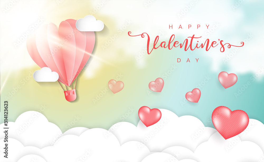 Valentines day background.Origami made hot air balloon flying heart float on the cloud. Vector illustration.