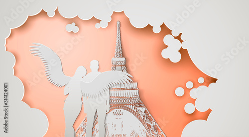 Illustration of lovers near the Eiffel tower.