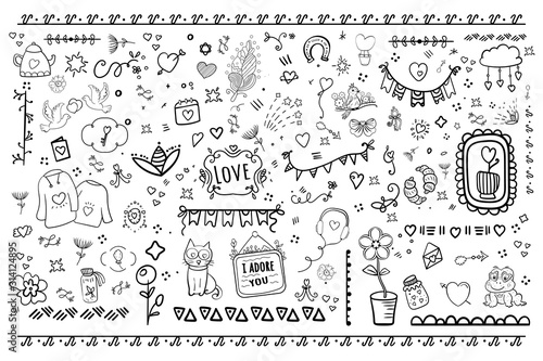 Coloring book and page Set of doodle on backgrounds. Valentine s Day Love and Hearts Doodles Design Elements. - Vector. Vector illustration