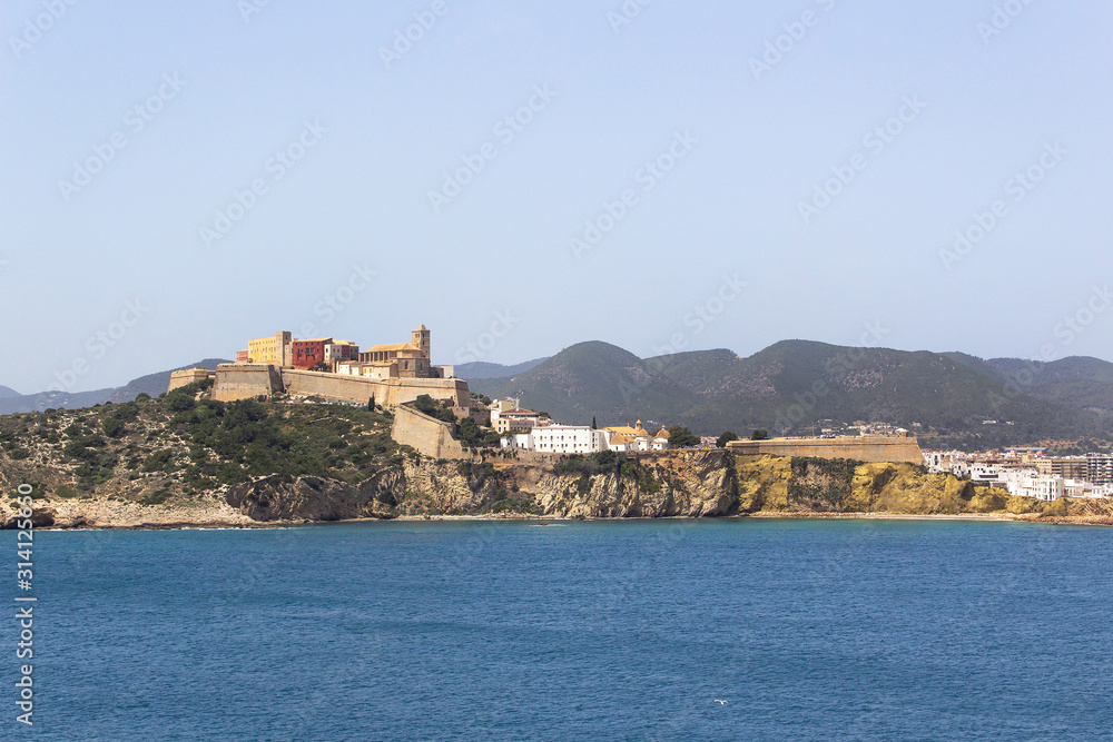 water sea port view of old town dalt vila castle fortress eivissa ibiza island spain 
