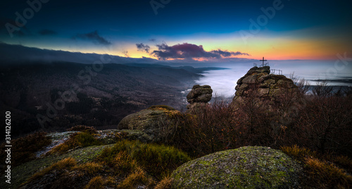 Sunset at Viewpoint on Palicnik Peak in Jizera Mountains, Hejnice, Czech Republic, inversion.