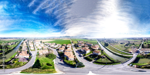 360 degrees image of italian town. Aerial view of countryside and homes on a beautiful sunny day
