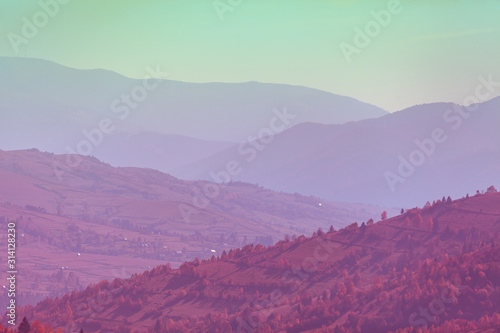 Silhouette of mountains in the early misty morning.  View of the mountains in autumn. Beautiful nature landscape. Carpathian mountains. Ukraine © vvvita