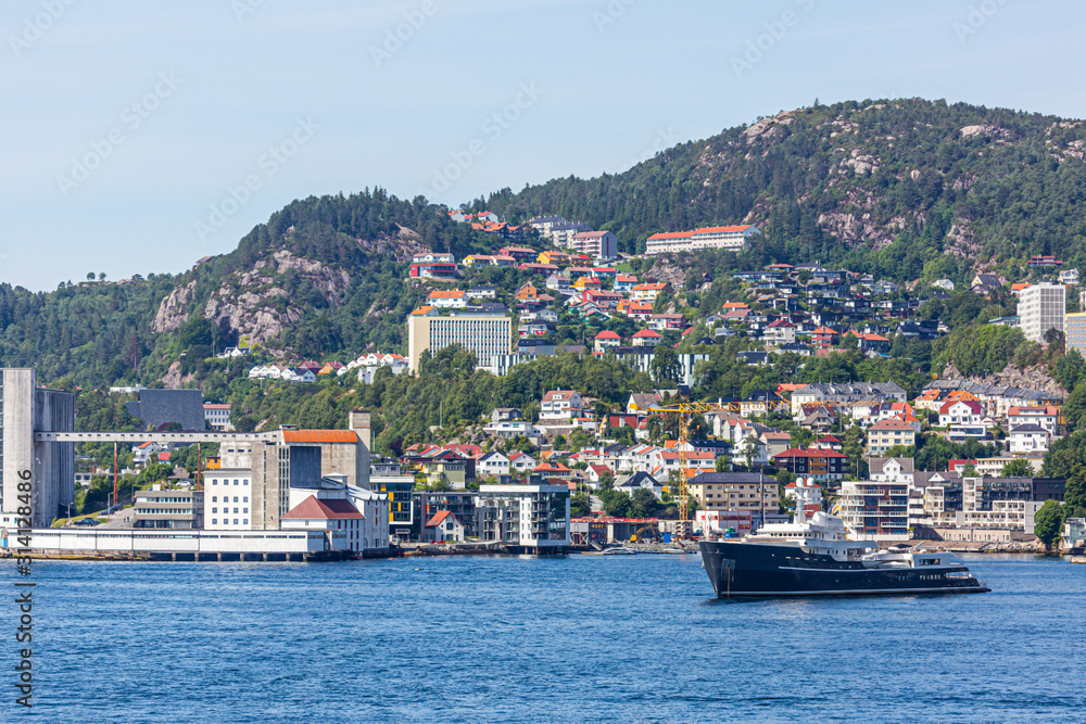 View over the harbor of the Norwegian city of Bergen in summer