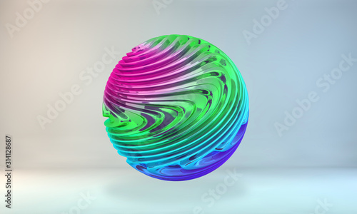 3d abstract glass ball with gradient curves flying on smooth studio background