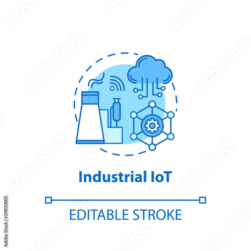Industrial IoT concept icon. Industrial internet. Manufacturing automatization idea thin line illustration. Modern technologies. Smart industry. Vector isolated outline drawing. Editable stroke