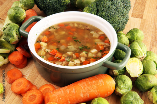 Soup, Vegetable Soup, Bowl. Traditional hot veggie soup