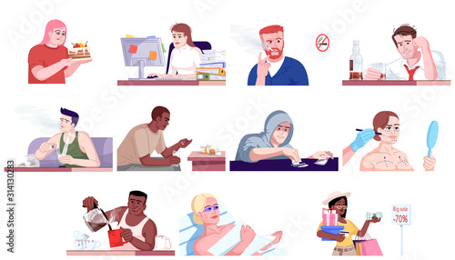 Addiction flat vector illustrations set. Gluttony, workaholism, alcoholism, narcomania, plastic surgery and tanning addiction, shopaholism. Addicted people isolated cartoon characters