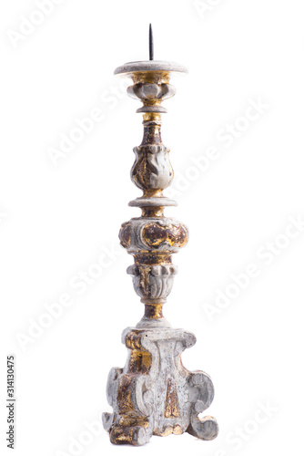 Antique Wooden Pricket Candlestick, Hand Carved, Gilded Italian Baroque