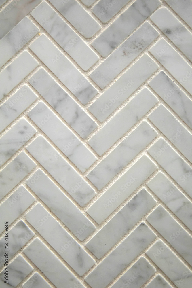 Seamless pattern herringbone Italian Carerra marble tile options for home improvement and renovations and new construction flooring and backsplash options - obrazy, fototapety, plakaty 