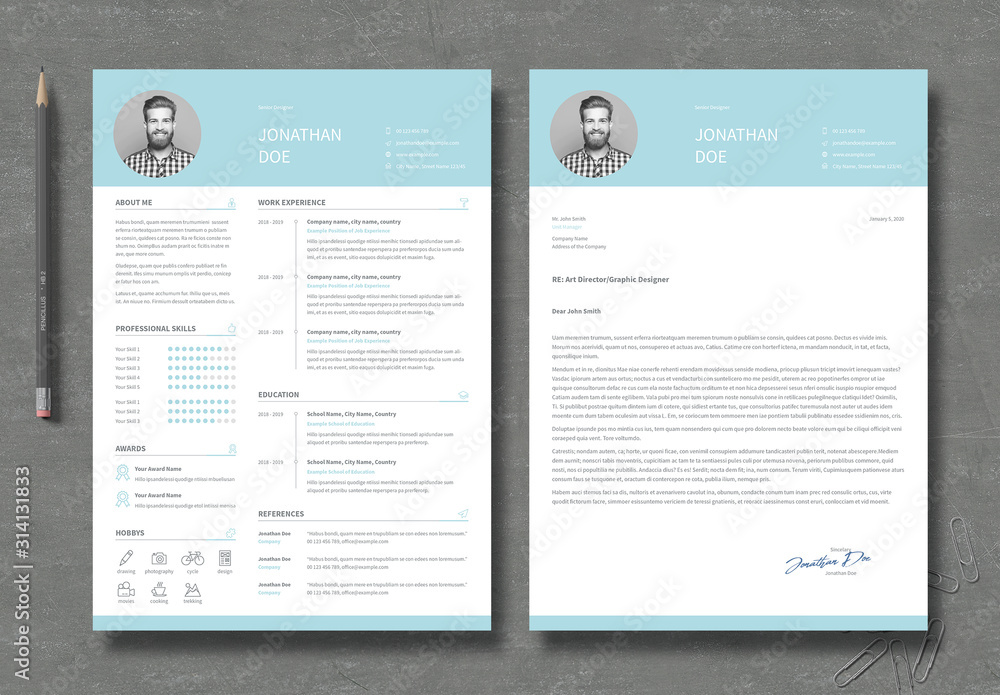 Resume and Cover Letter Layout with Light Blue Elements Stock Template ...