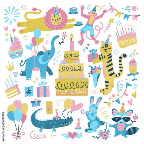 Happy birthday party. Children themed party with cute animals: little bunny, lion in party hat, monkey, elephant, raccoon, crocodile, party cake, balloons, tiger with gift.Flat vector illustration set