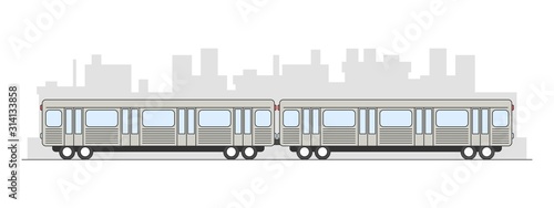 Flat style subway train with city landscape behind isolated on white background. Side view cartoon vector illustartion.