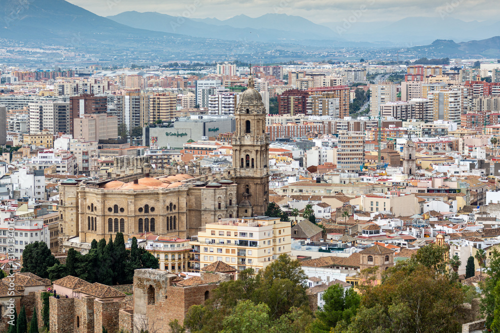 Aerial view of the old town of Malaga, Spain and its cathedral known as 