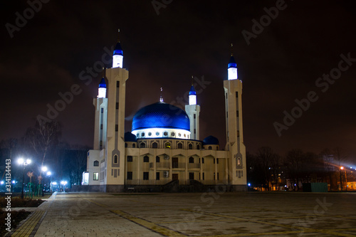 Maykop Muslim Mosque in Russia. Architecture of night photography. photo