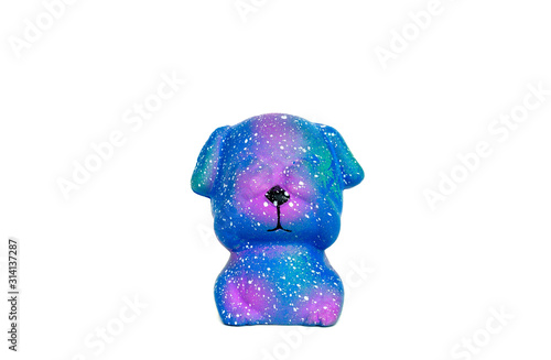 Blue squish toy. The dog closes its eyes with its paws on a white background.