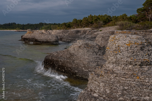 Byrum raukar on Swedish Island Oland: Spectacular limestone formations. selective focus photo