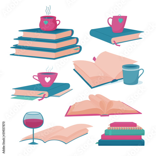 Big set of book blog, reading club, bookstore logo templates with books, cup of hot tea or coffee, wine, cute flat style vector illustration on white background. Collection of cute book logo templates