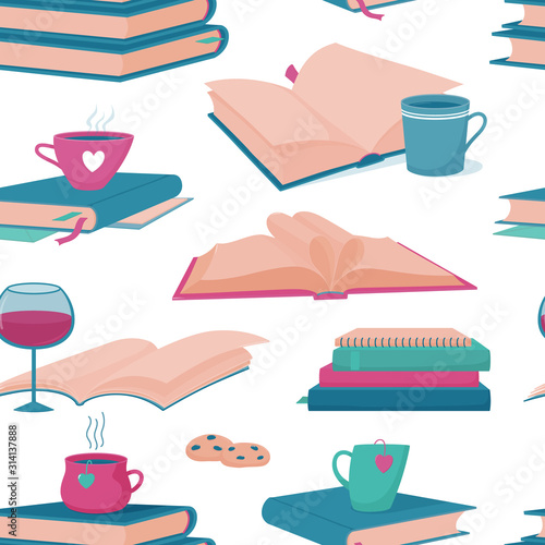 Seamless pattern with open and closed books, cups of hot tea and coffee, glasses of wine on white background, love to reading concept, backdrop design for a bookstore, book blog or reading club