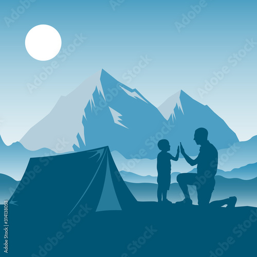 Family camping  hiking and travel. Silhouettes of father and son give five on a background of a mountain landscape. Man and children have a rest in nature with tent. Vector illustration of tourists.