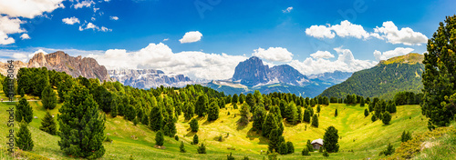 Amazing view from Seceda park. Selva di val gardena, Trentino Alto Adige, Dolomites Alps, South Tyrol, Italy Europe. panoramic on Odle - Geisler mountain group, Secede peak and Seiser Alm (Alpe Siusi)