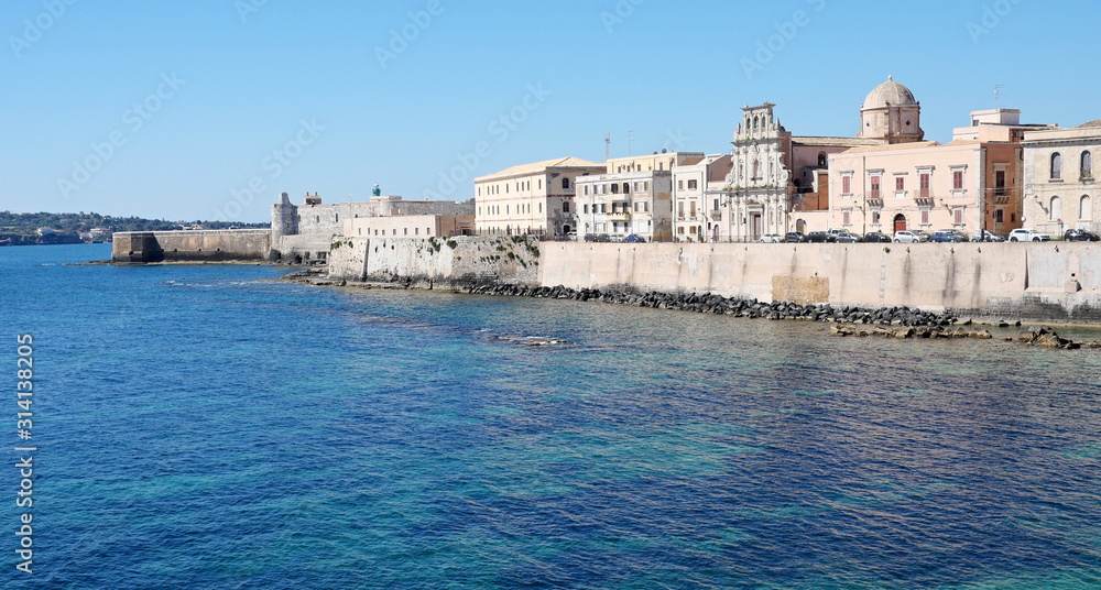 Sicily - Syracuse - coast, view of Chiesa dello Spirito Santo, Faculty of Architecture and Castello Maniace.
