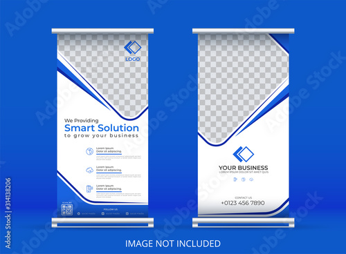 blue vertical banner or roll up banner template, with an elegant style for business and corporate