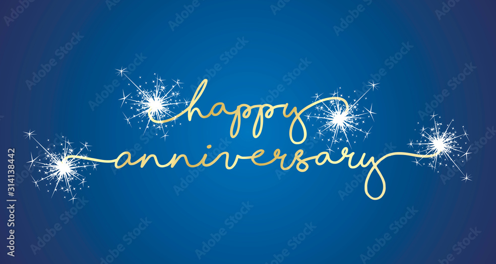 Happy Anniversary handwritten typography sparkle firework line design gold blue background