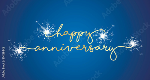 Happy Anniversary handwritten typography sparkle firework line design gold blue background