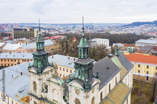 Closeup of The Roman Catholic church of St. Mary Magdalene (House of organ and chamber music) in Lviv, Ukraine. View from drone 