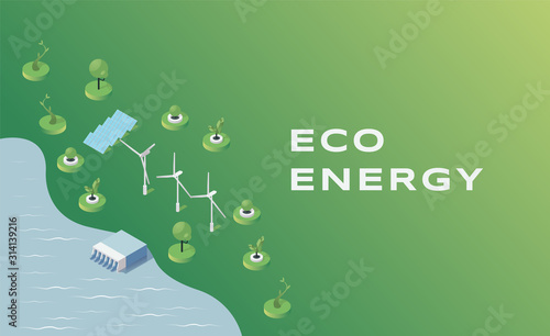 Eco energy flat banner vector template. Natural and renewable power sources use idea, sustainable energy industry poster concept. Water dam, wind turbines and solar panels isometric illustration