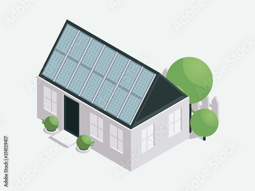 House with solar batteries isometric illustration. Modern eco friendly architecture, nature conservation, ecology protection concept design element. Home powered by photovoltaic panels