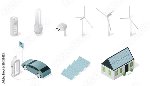 Sustainable technology symbols isometric illustrations set. Renewable power sources and tech isolated on white background. Solar batteries, wind turbines, electric car and energy saving lamp