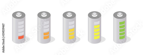 Battery charging stages isometric illustrations set. Accumulator recharging process steps 3D vector symbols isolated on white background. Different battery capacity levels with colorful indicators
