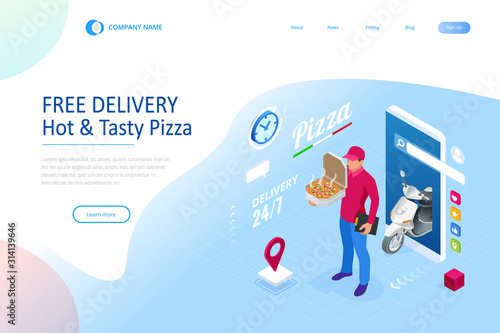 Isometric Online Pizza Order mobile app templates. Free delivery, Fast food delivery online service.