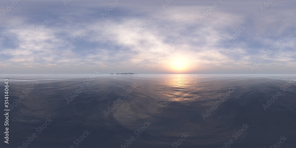 Fototapeta premium Panorama of sea sunset, HDRI, environment map , Round panorama, spherical panorama, equidistant projection, panorama 360,