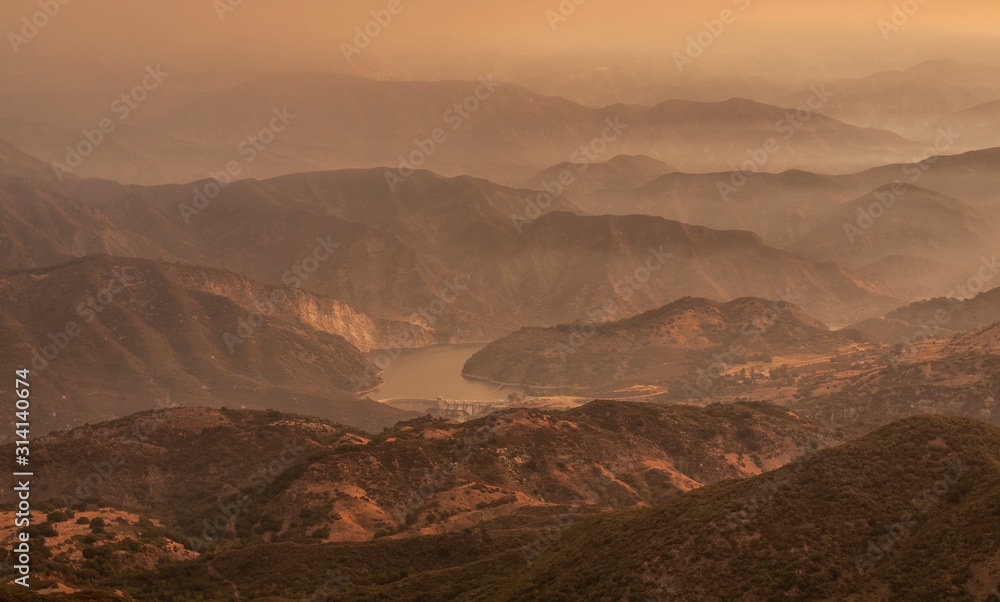 Images of a smoke filled valley from a wildfire near Los Padres National Forest in California. 
