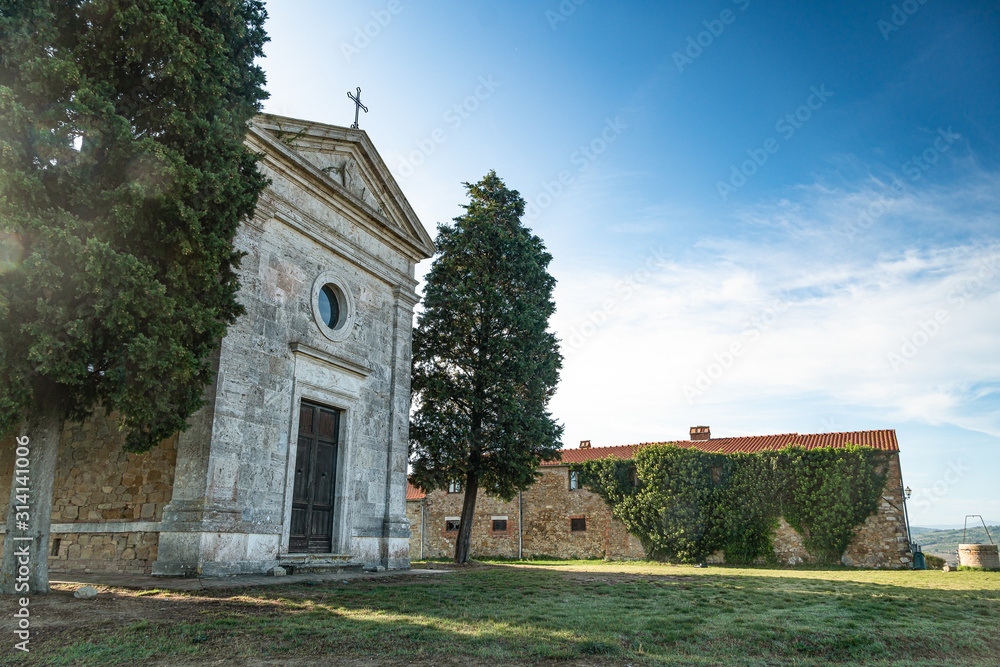 Cappella di Vitaleta with cypresses in Tuscany, Italy. Cappella di Vitaleta with cypresses in Tuscany, Italy.