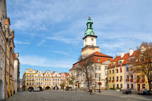 Jelenia Gora, Poland. View of Market square (Rynek Jeleniogorski) with historic building of Town Hall