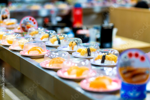 Fresh sushi rolls in an asian food store
