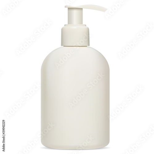 Pump bottle. Cosmetic package with dispenser. Soap or shampoo plastic container. Realistic tube template blank for skin care. Beauty treatment plastic packaging blank. Bath foam