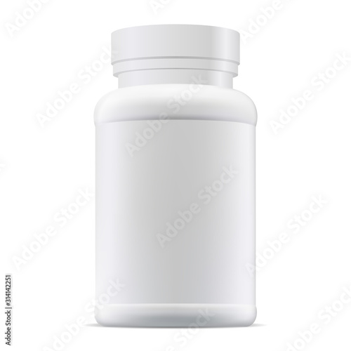 Medicine pill bottle mockup. Plastic supplement package blank. Prescription remedy packaging illustration. Medical tablet or capsule container isolated on white background. Pharmaceutical pack