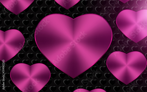 Pink glossy vector symbols of love in shape of heart metallic texture background. Realistic design template can use wallpaper, element poster, greeting card, web banner for Valentine's Day