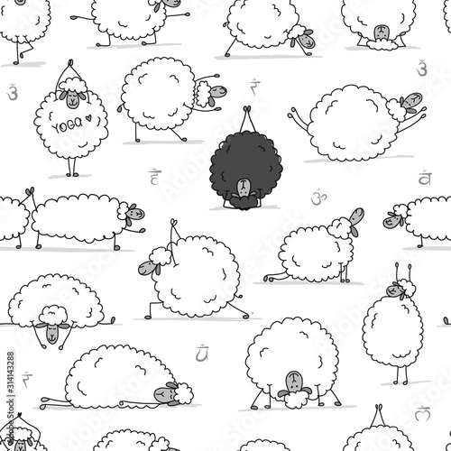 Funny sheep doing yoga, seamless pattern for your design