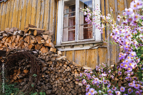 old wooden cottage with a bunch of firewood under the window and flowers.