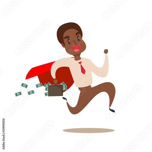 Flat businessman running away with briefcase full of money banknotes vector illustration. Business stealing concept.