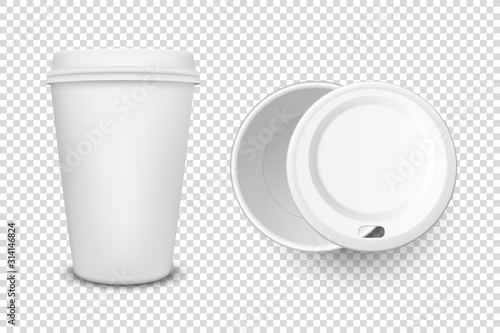 Vector 3d Realistic Disposable Opened and Closed Paper, Plastic Coffee, Tea Cup for Drinks with White Plastic Lid Icon Set Closeup Isolated on Transparent Background. Design Template, Mockup. Top View