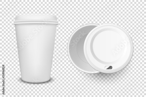 Vector 3d Realistic Disposable Opened and Closed Paper, Plastic Coffee, Tea Cup for Drinks with White Plastic Lid Icon Set Closeup Isolated on Transparent Background. Design Template, Mockup. Top View