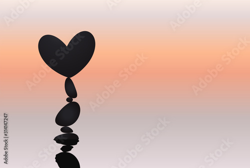 Heart and stone balancing, rock stacking, love symbol naturally balanced on top. Silhouettes with reflection on water surface on sunset background. Vector isolated illustration. Valentines Day card.