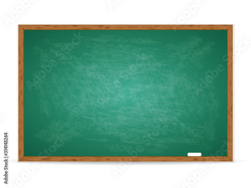 Realistic green chalkboard with wooden frame isolated on white background. Rubbed out dirty chalkboard. Empty school chalkboard for classroom or restaurant menu. Vector template blackboard for design 
